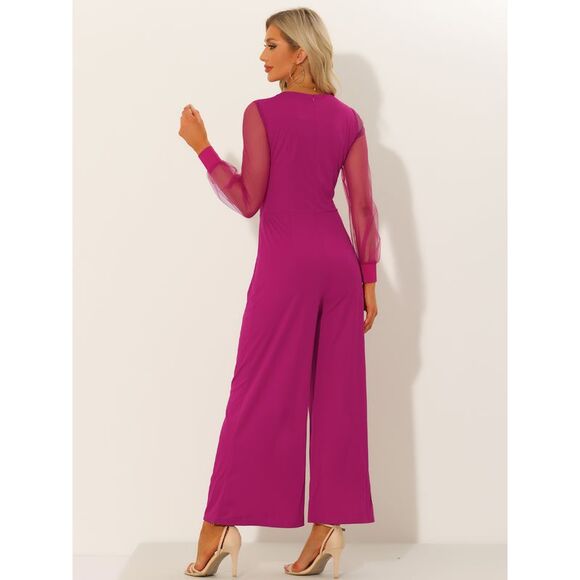 Elegant V Neck Mesh Long Sleeve Loose Wide Leg Romper Party Jumpsuits Hot Pink - Picture 4 of 6